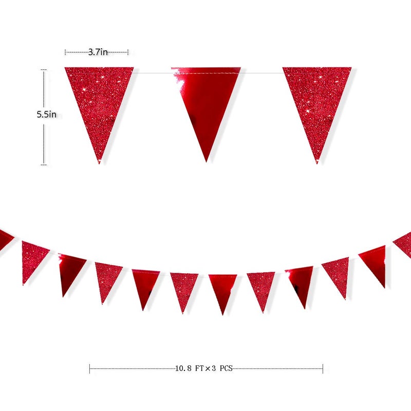 pinkblume 30Ft Red Party Decorations Glitter Metallic Paper Triangle Banner Flag Pennant Bunting for Graduation Wedding Engagement Anniversary Bachelorette Birthday Bridal Shower Valentines Hen Party Supplies - Image 2